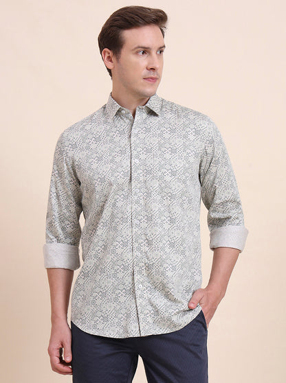 Green Printed Tailored Fit Semi Casual Shirt | JadeBlue