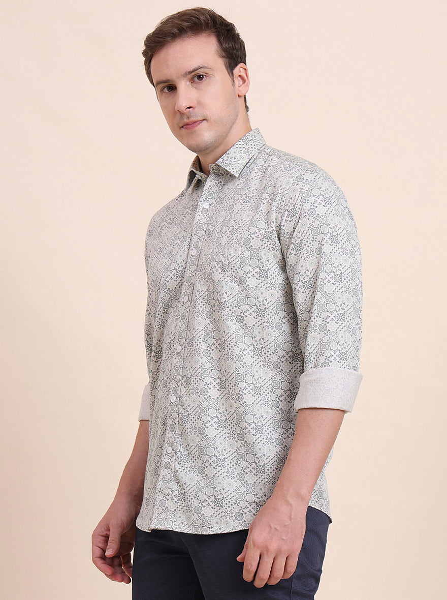 Green Printed Tailored Fit Semi Casual Shirt | JadeBlue