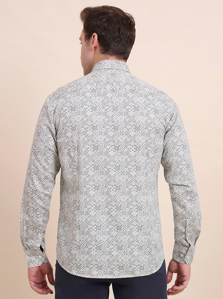 Green Printed Tailored Fit Semi Casual Shirt | JadeBlue