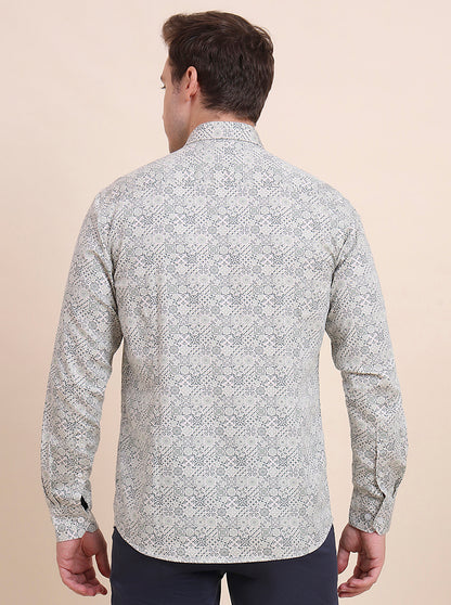 Green Printed Tailored Fit Semi Casual Shirt | JadeBlue