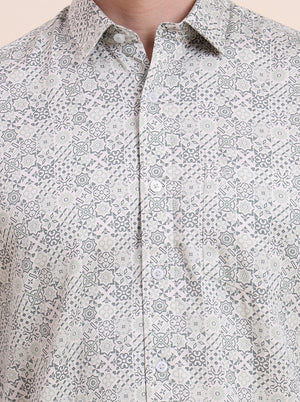 Green Printed Tailored Fit Semi Casual Shirt | JadeBlue