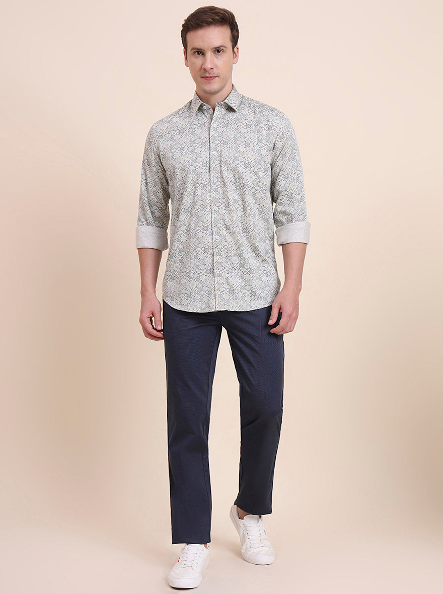 Green Printed Tailored Fit Semi Casual Shirt | JadeBlue