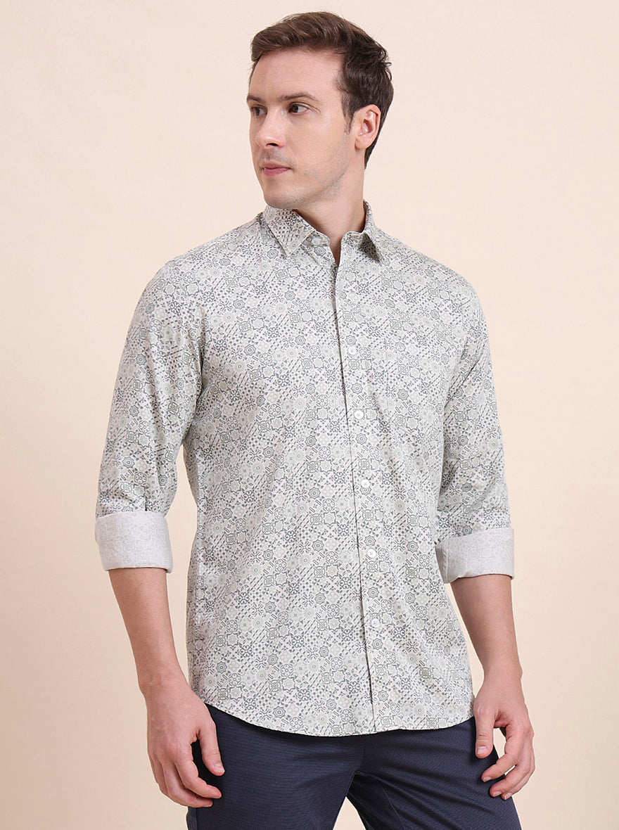 Green Printed Tailored Fit Semi Casual Shirt | JadeBlue