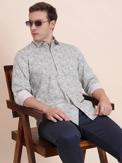 Green Printed Tailored Fit Semi Casual Shirt | JadeBlue