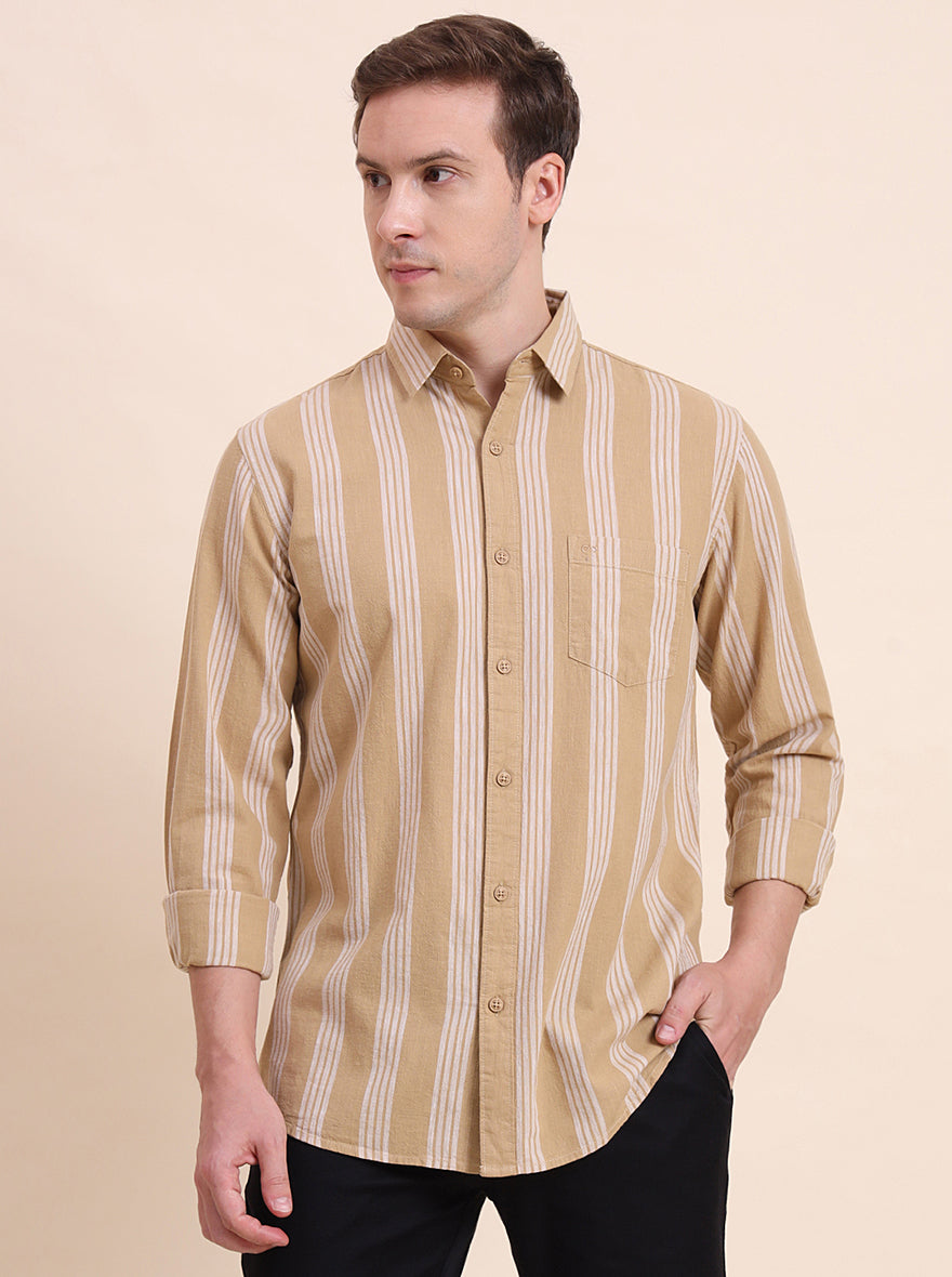 Khaki Striped Slim Fit Casual Shirt | JadeBlue