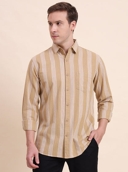 Khaki Striped Slim Fit Casual Shirt | JadeBlue