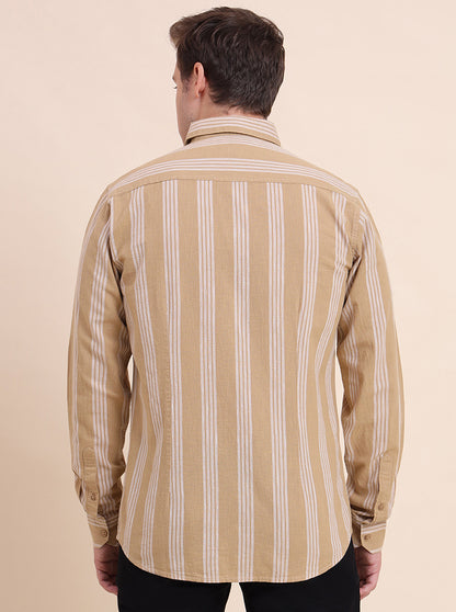 Khaki Striped Slim Fit Casual Shirt | JadeBlue