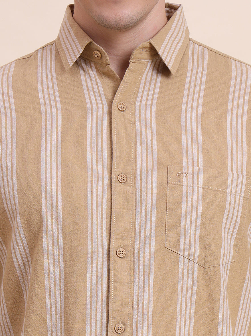 Khaki Striped Slim Fit Casual Shirt | JadeBlue