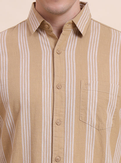 Khaki Striped Slim Fit Casual Shirt | JadeBlue