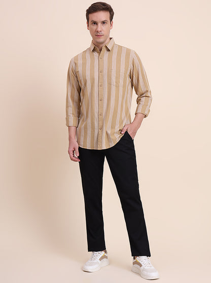 Khaki Striped Slim Fit Casual Shirt | JadeBlue
