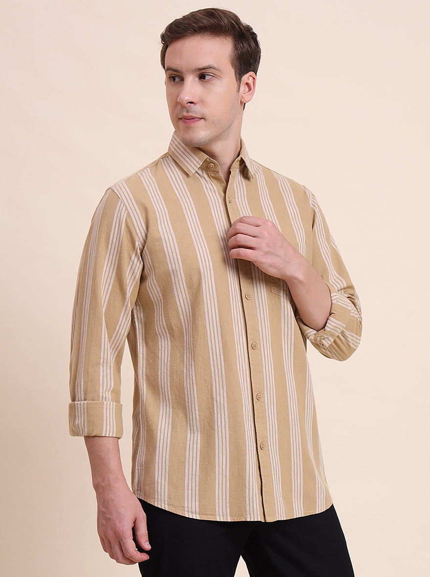 Khaki Striped Slim Fit Casual Shirt | JadeBlue