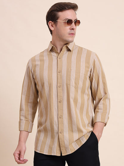 Khaki Striped Slim Fit Casual Shirt | JadeBlue