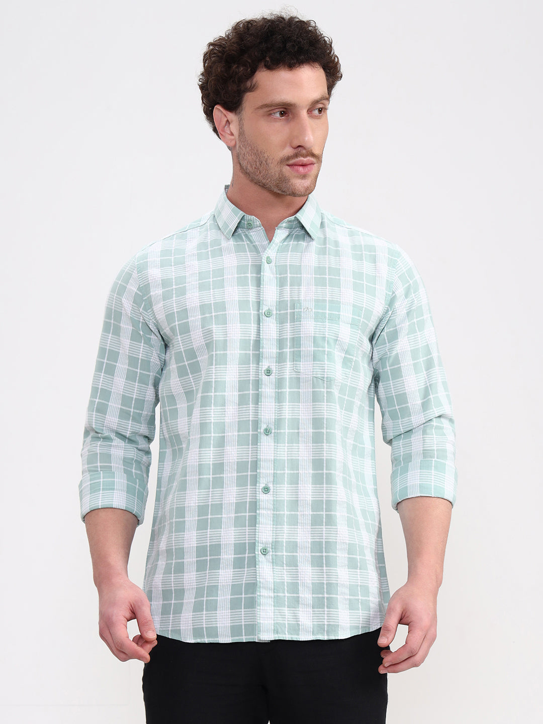 Mint Green Checked Slim Fit Casual Shirt | JadeBlue