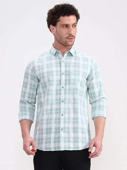 Mint Green Checked Slim Fit Casual Shirt | JadeBlue