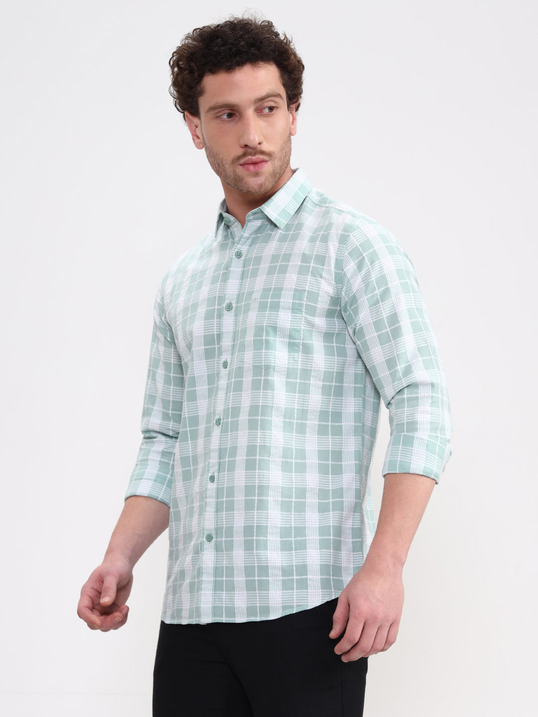 Mint Green Checked Slim Fit Casual Shirt | JadeBlue