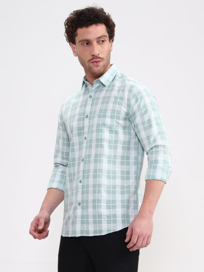 Mint Green Checked Slim Fit Casual Shirt | JadeBlue
