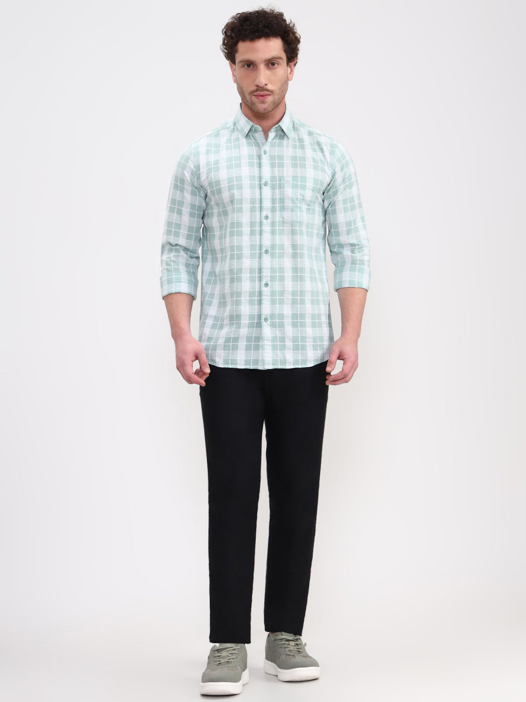 Mint Green Checked Slim Fit Casual Shirt | JadeBlue