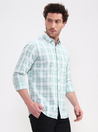 Mint Green Checked Slim Fit Casual Shirt | JadeBlue