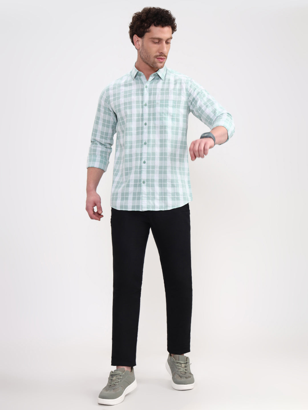 Mint Green Checked Slim Fit Casual Shirt | JadeBlue
