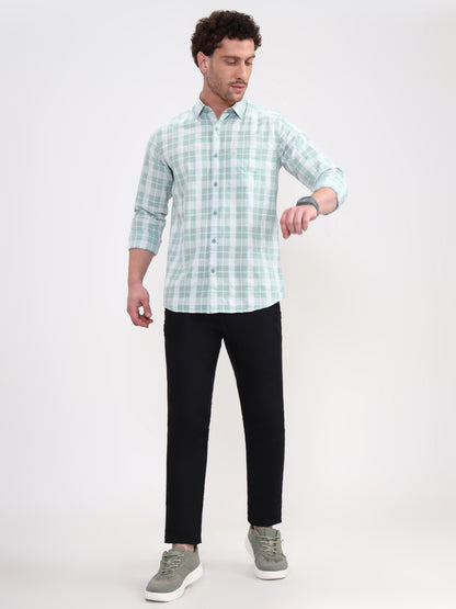 Mint Green Checked Slim Fit Casual Shirt | JadeBlue