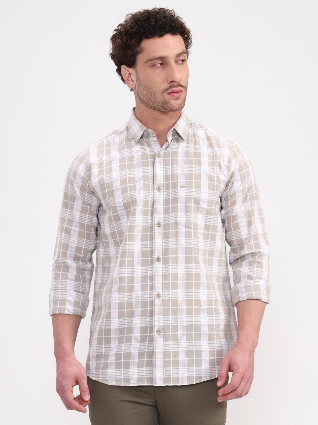 Beige Checked Slim Fit Casual Shirt | JadeBlue