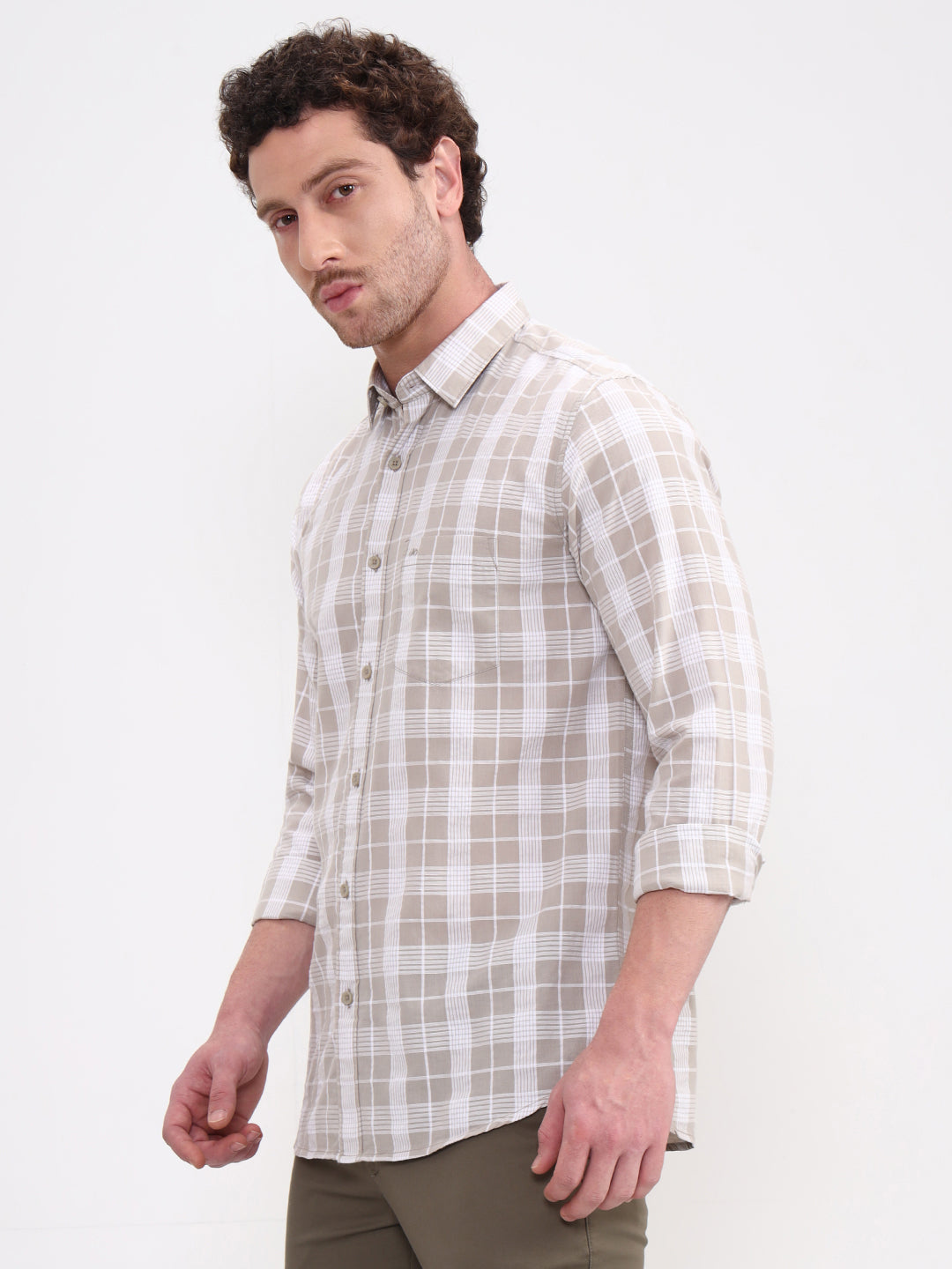 Beige Checked Slim Fit Casual Shirt | JadeBlue