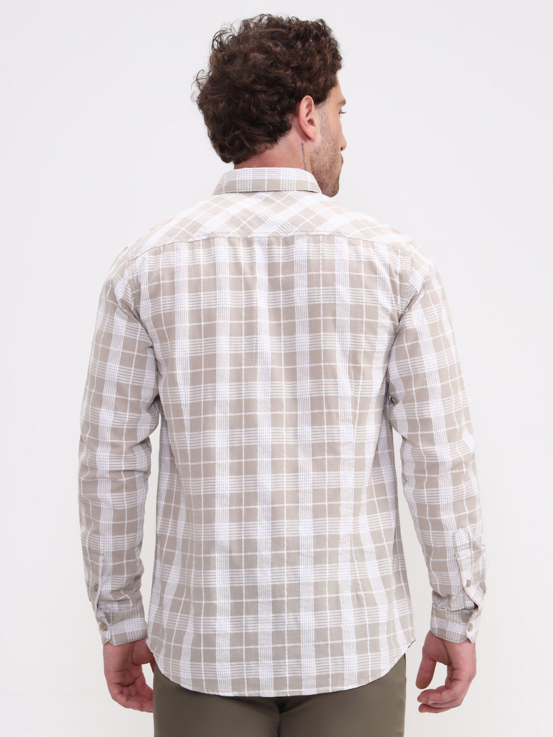 Beige Checked Slim Fit Casual Shirt | JadeBlue
