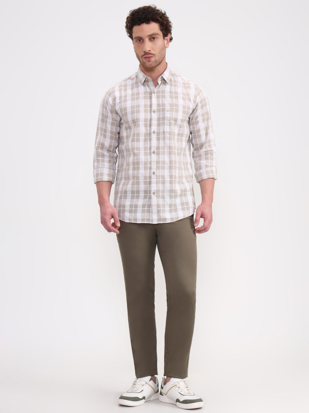 Beige Checked Slim Fit Casual Shirt | JadeBlue