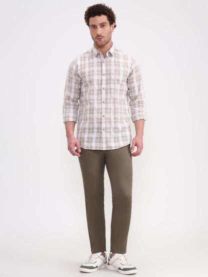 Beige Checked Slim Fit Casual Shirt | JadeBlue