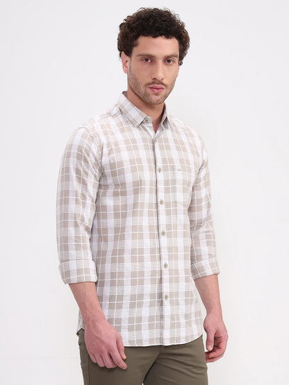 Beige Checked Slim Fit Casual Shirt | JadeBlue