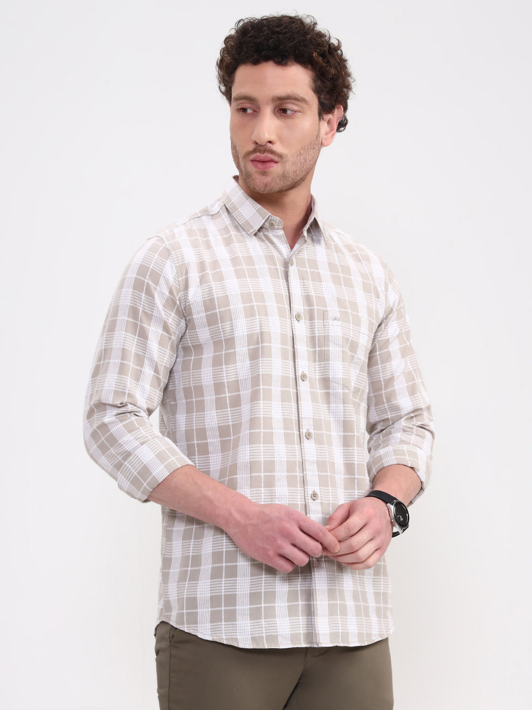 Beige Checked Slim Fit Casual Shirt | JadeBlue
