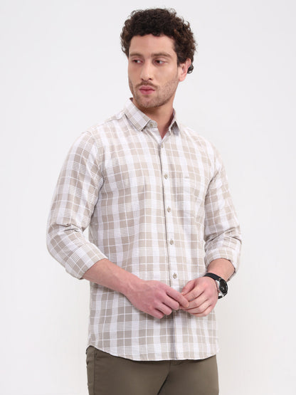 Beige Checked Slim Fit Casual Shirt | JadeBlue