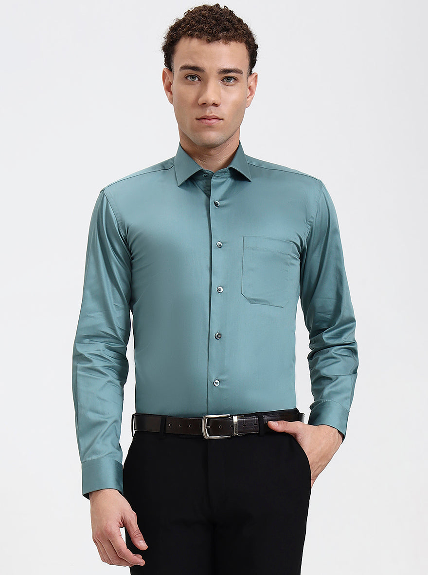 Green Solid Slim Fit Formal Shirt | Metal