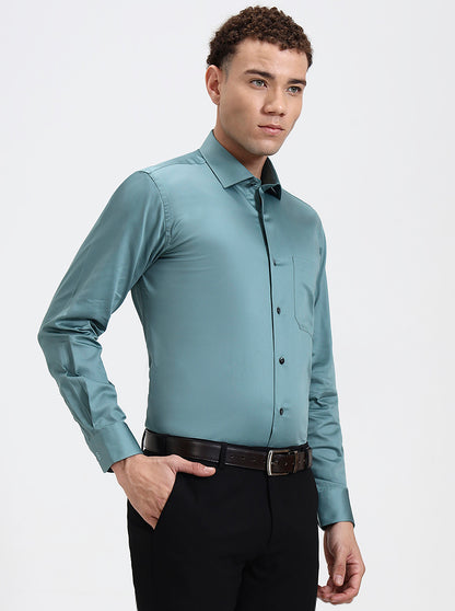 Green Solid Slim Fit Formal Shirt | Metal