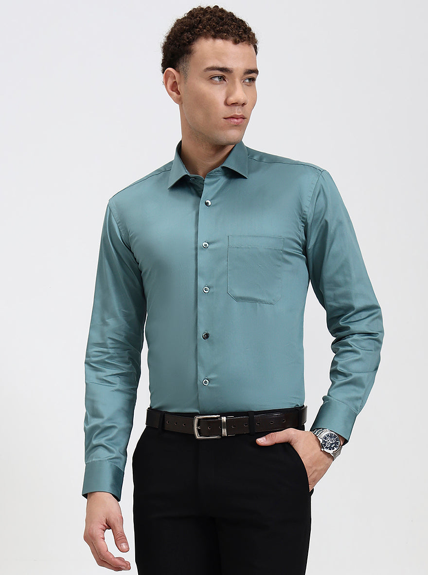 Green Solid Slim Fit Formal Shirt | Metal