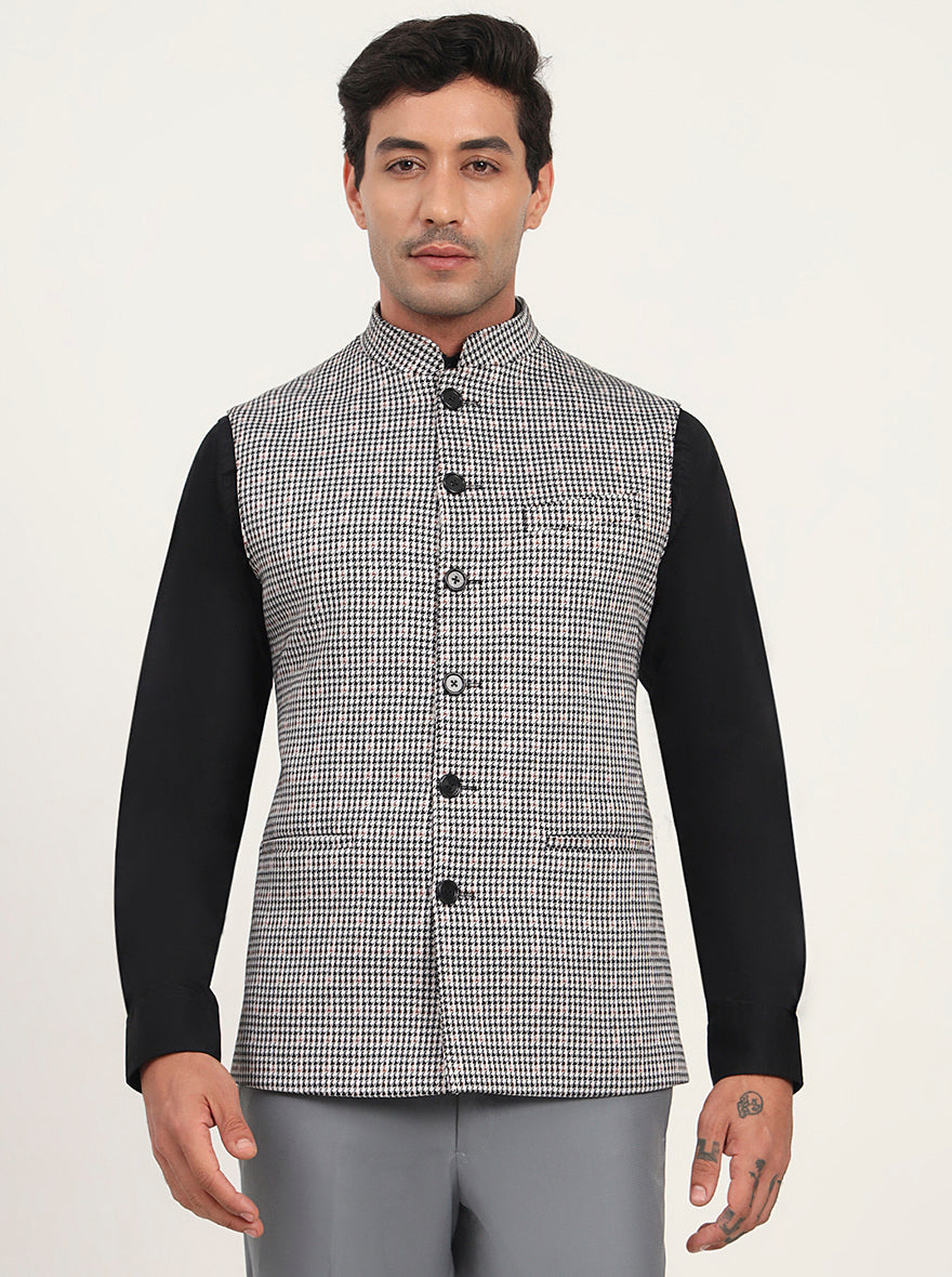 Black & Grey Checked Regular Fit Waistcoat | JB Studio