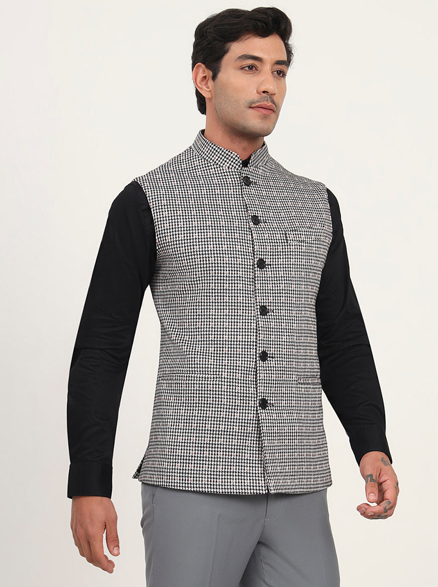 Black & Grey Checked Regular Fit Waistcoat | JB Studio