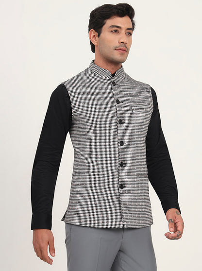 Black & Grey Checked Regular Fit Waistcoat | JB Studio