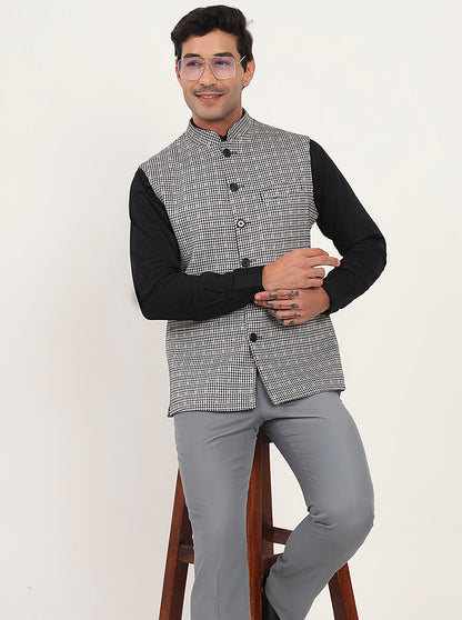 Black & Grey Checked Regular Fit Waistcoat | JB Studio