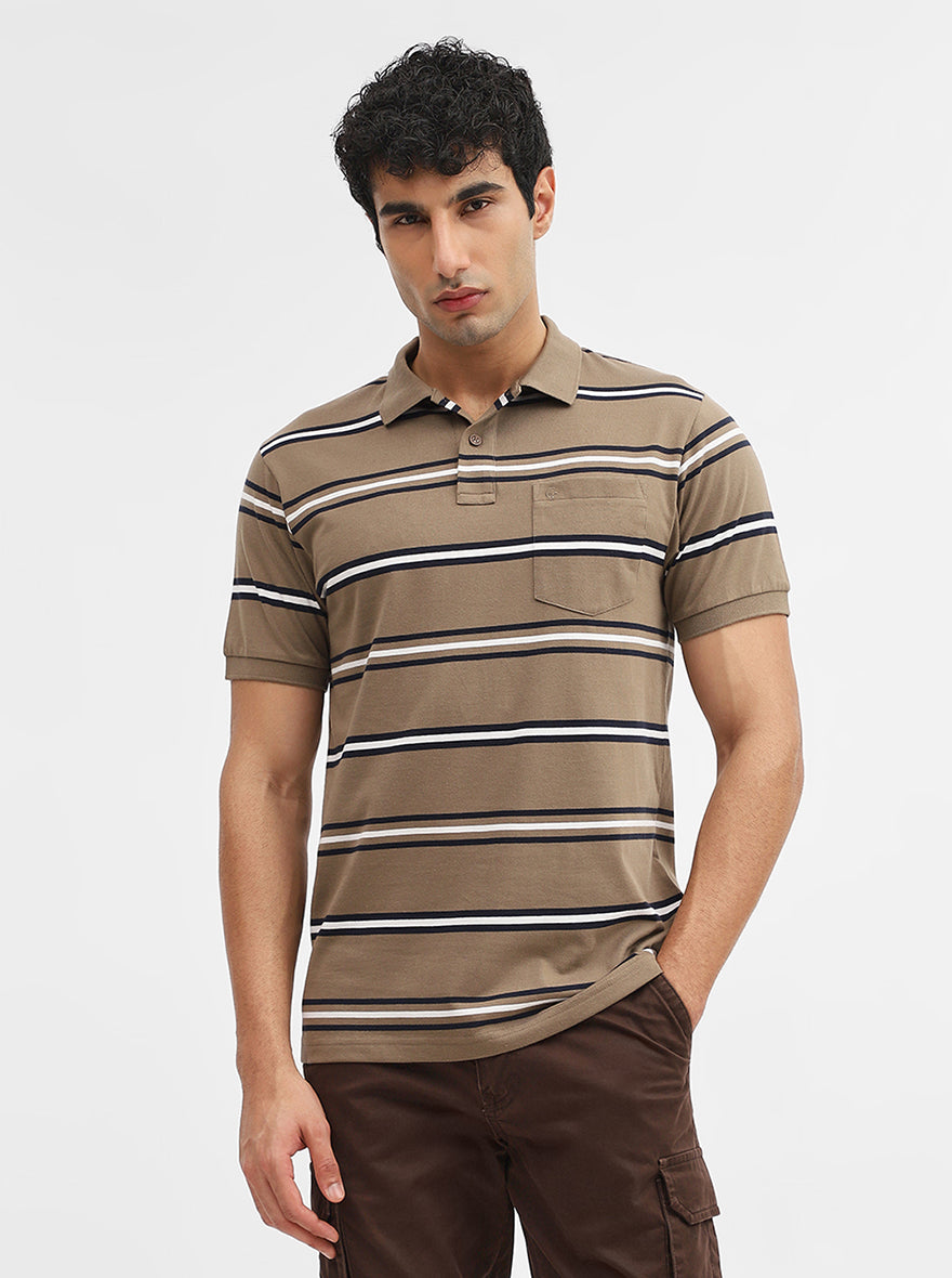 Khaki & Navy Blue Striped Regular Fit Polo T-Shirt | Greenfibre