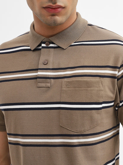 Khaki & Navy Blue Striped Regular Fit Polo T-Shirt | Greenfibre