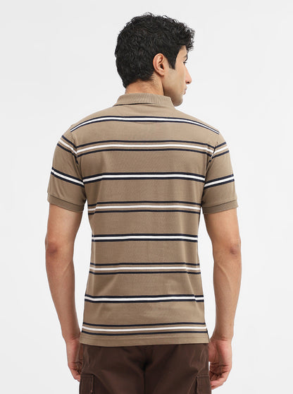 Khaki & Navy Blue Striped Regular Fit Polo T-Shirt | Greenfibre
