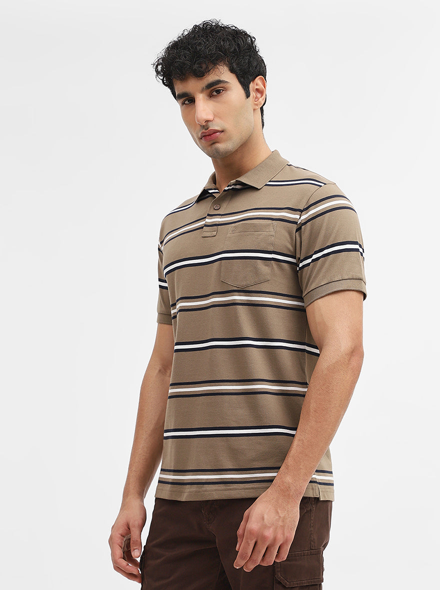 Khaki & Navy Blue Striped Regular Fit Polo T-Shirt | Greenfibre