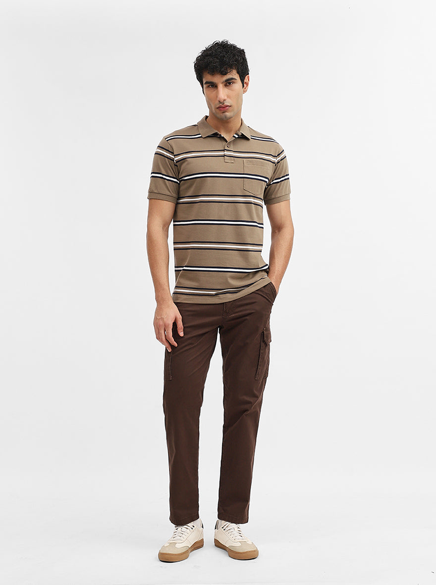 Khaki & Navy Blue Striped Regular Fit Polo T-Shirt | Greenfibre