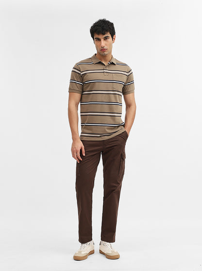 Khaki & Navy Blue Striped Regular Fit Polo T-Shirt | Greenfibre