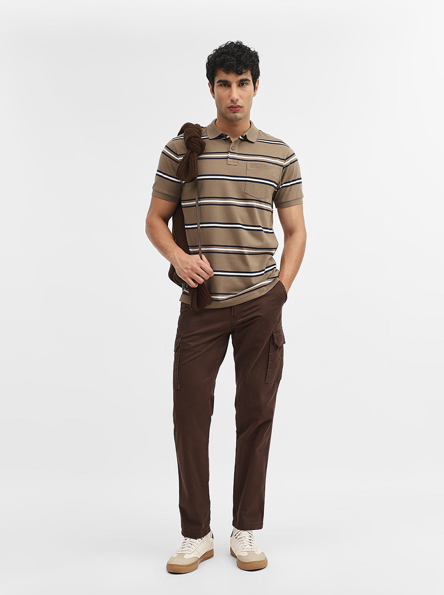 Khaki & Navy Blue Striped Regular Fit Polo T-Shirt | Greenfibre