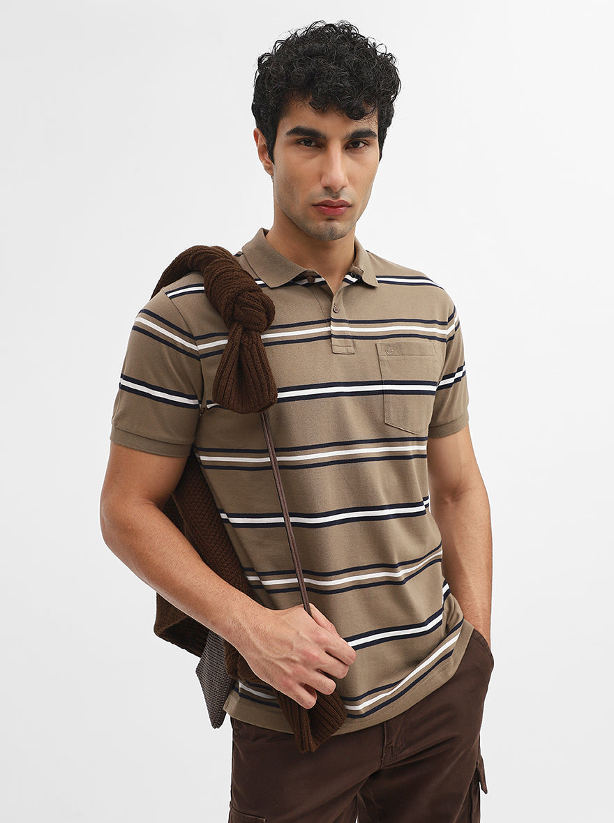 Khaki & Navy Blue Striped Regular Fit Polo T-Shirt | Greenfibre