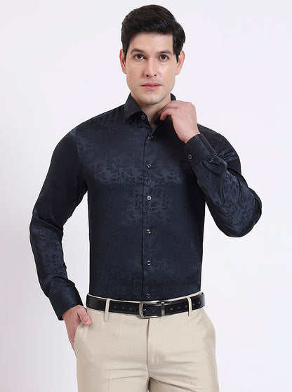Dark Blue Printed Slim Fit Party Wear Shirt | Wyre