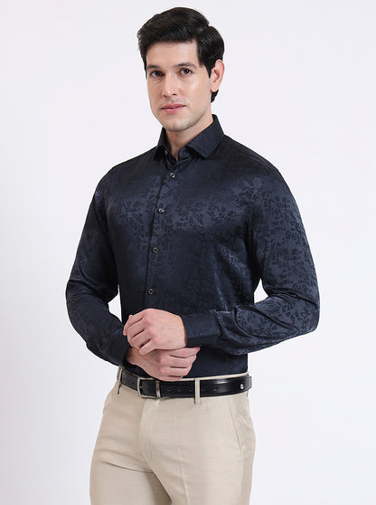 Dark Blue Printed Slim Fit Party Wear Shirt | Wyre