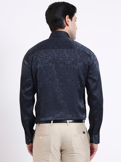 Dark Blue Printed Slim Fit Party Wear Shirt | Wyre
